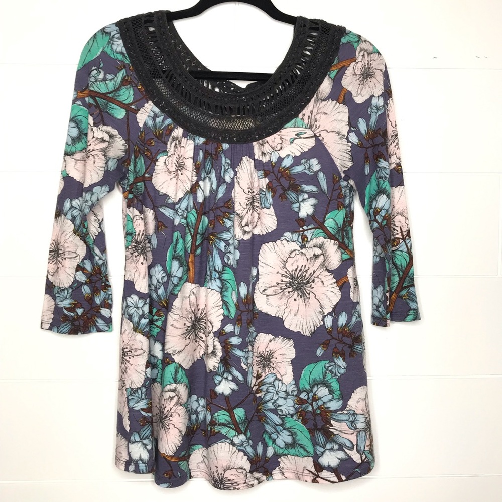 Anthropologie Meadow Rue Floral Top Crochet Detail
